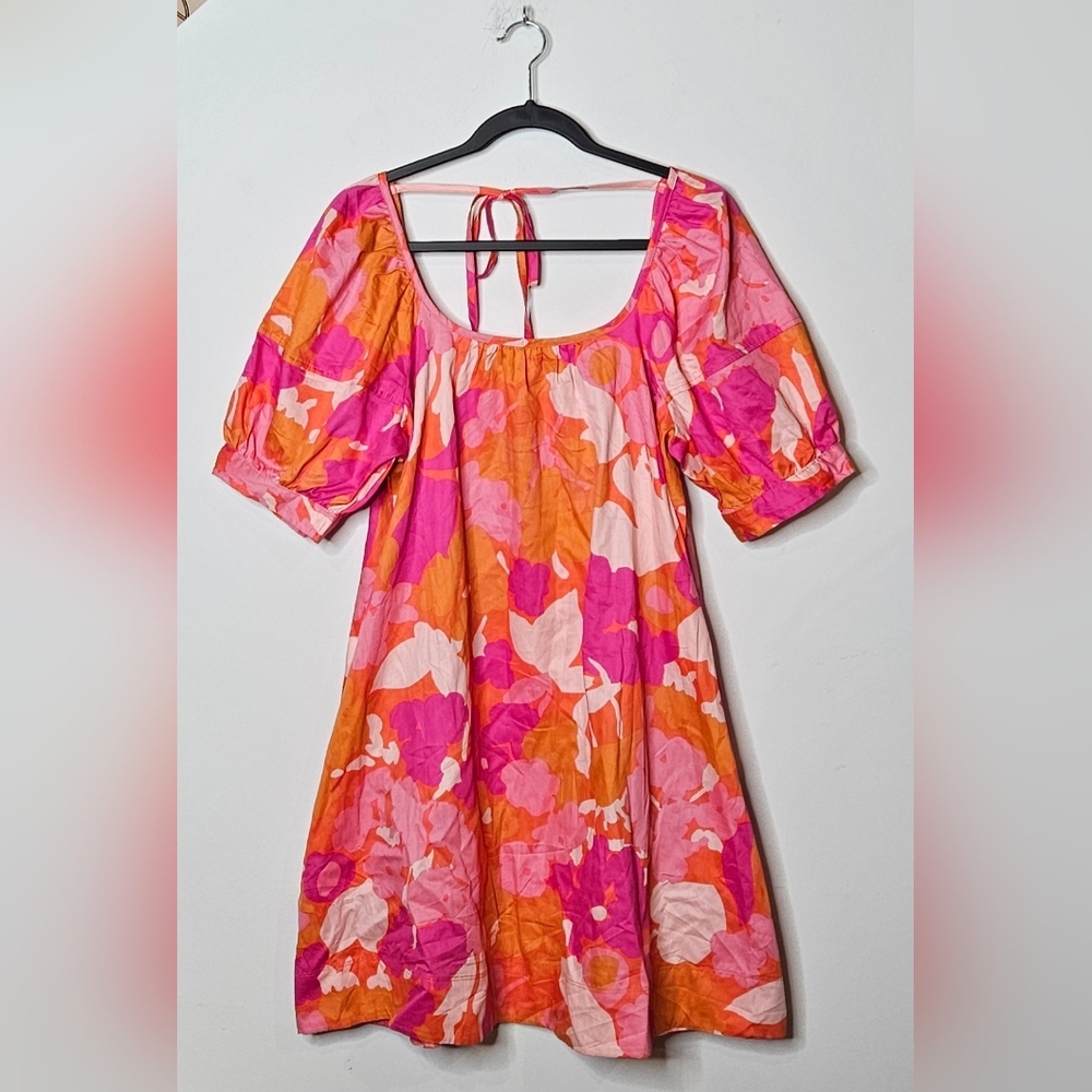 Free‎ Assembly Floral Square Neck Pink Orange Mini Dress Womens Medium